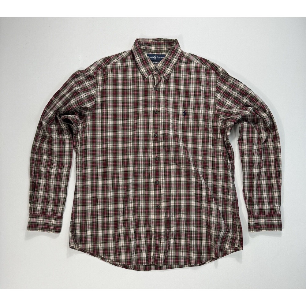 Ralph Lauren Mens XL Custom Fit Plaid Button Down Shirt Red Green Vintage Pony